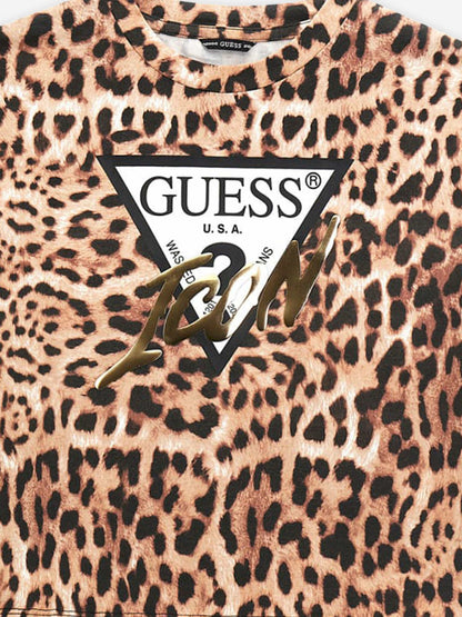 Guess 女童豹纹徽标 T 恤（棕色）