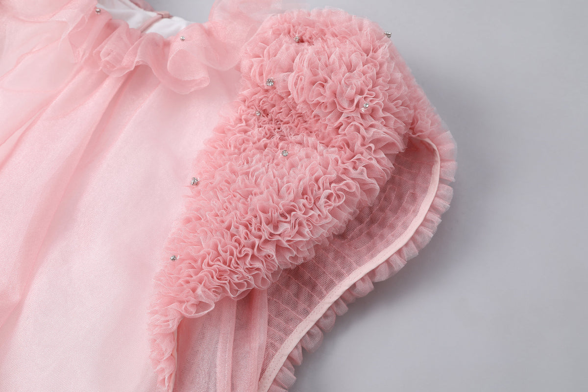 女童檀粉色瓷形纱袖礼服裙