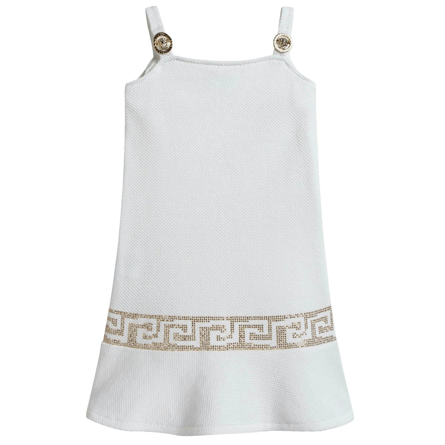 Girls White Cotton Dress With Gold Rhinestone Trims