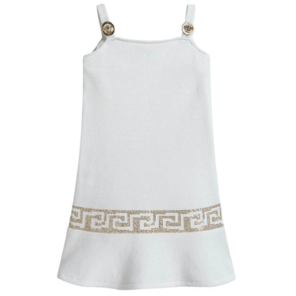 Girls White Cotton Dress With Gold Rhinestone Trims
