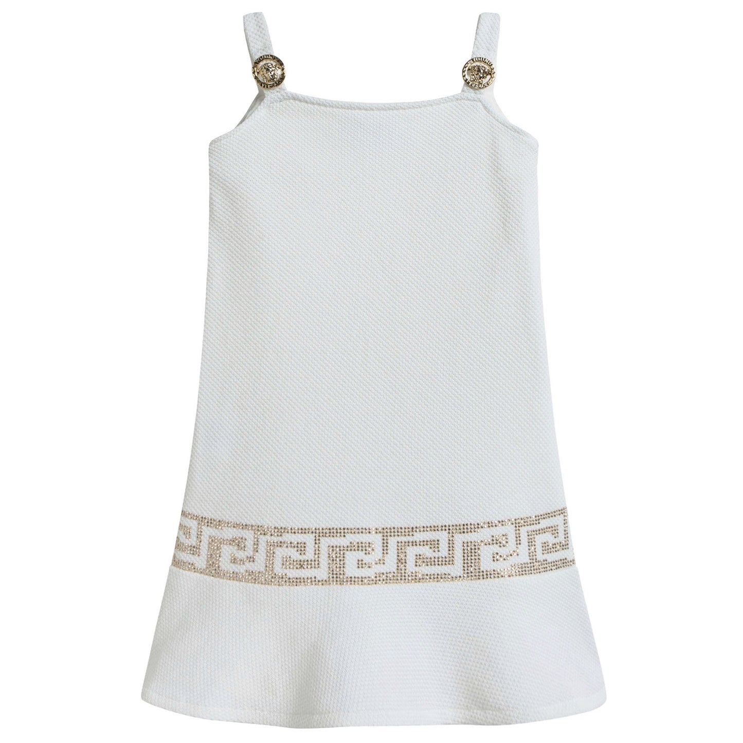 Girls White Cotton Dress With Gold Rhinestone Trims