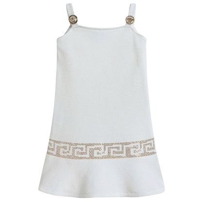 Girls White Cotton Dress With Gold Rhinestone Trims
