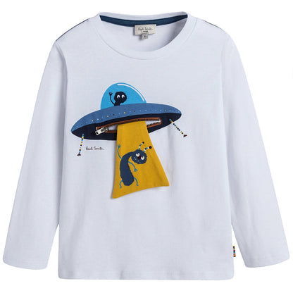 Boys White Fancy Mushroom Printed Trims Cotton T-Shirt