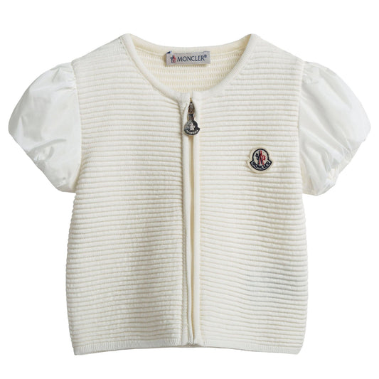 Girls White Striped Knitted Sleeveless Cardigan