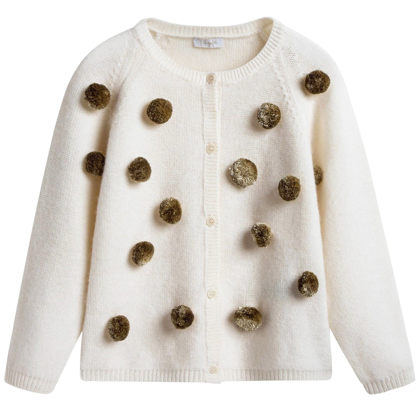 Girls Milk With Gold Pom-Pom Wool  Cardigan