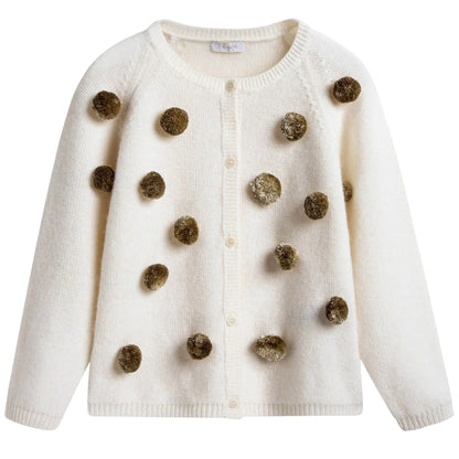 Girls Milk With Gold Pom-Pom Wool  Cardigan