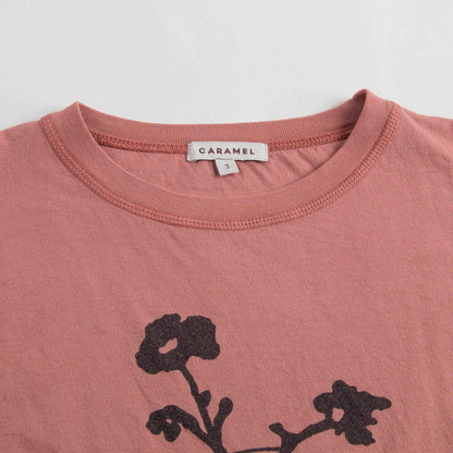 Girls Dark Red Floral Printed Trims T-Shirt