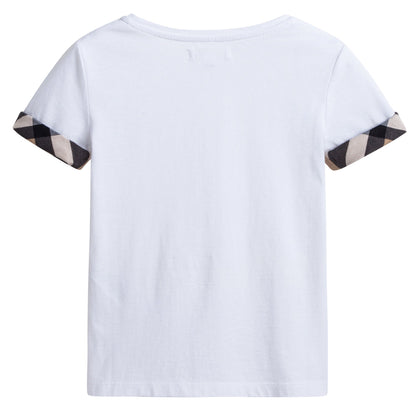 Girls White Cotton T-shirt With Check Trim