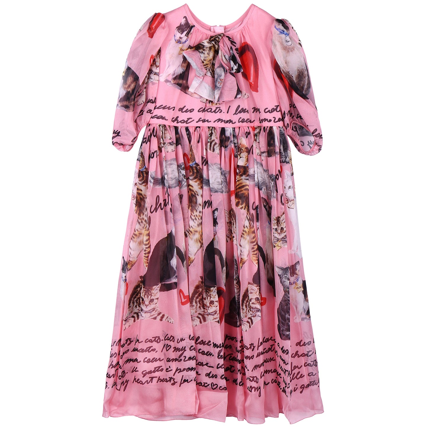Girls Pink Cat Printed Silk Dress