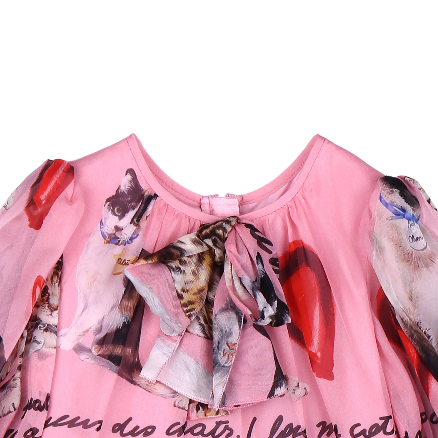 Girls Pink Cat Printed Silk Dress