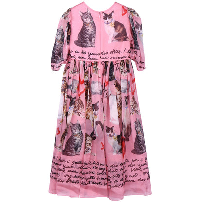 Girls Pink Cat Printed Silk Dress