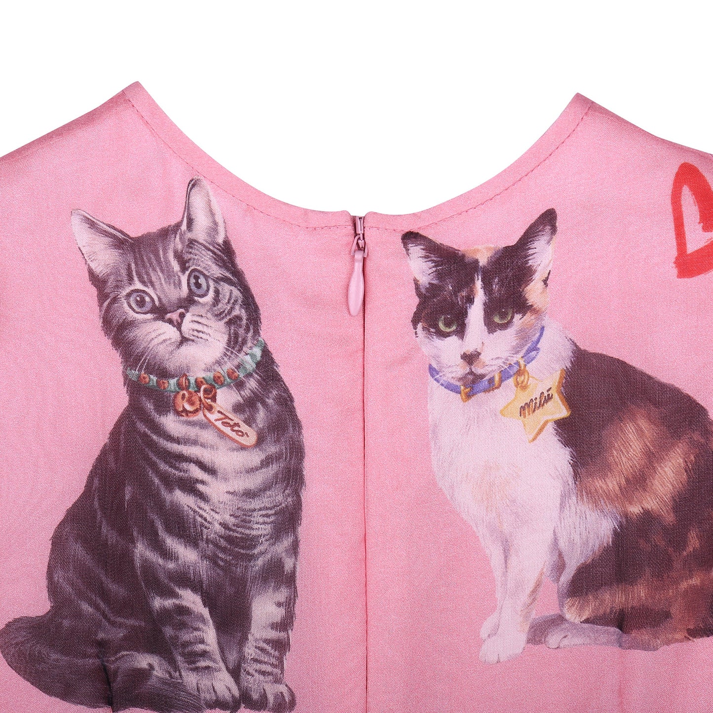 Girls Pink Cat Printed Silk Dress