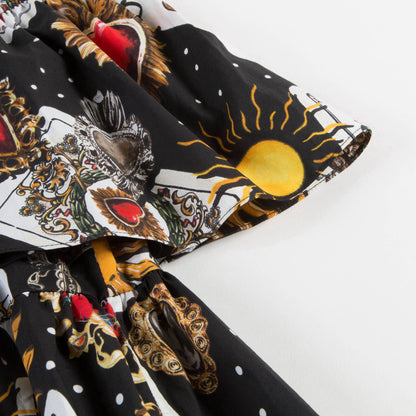 Girls   Black   “Poker  Printed”   Cotton   Dress