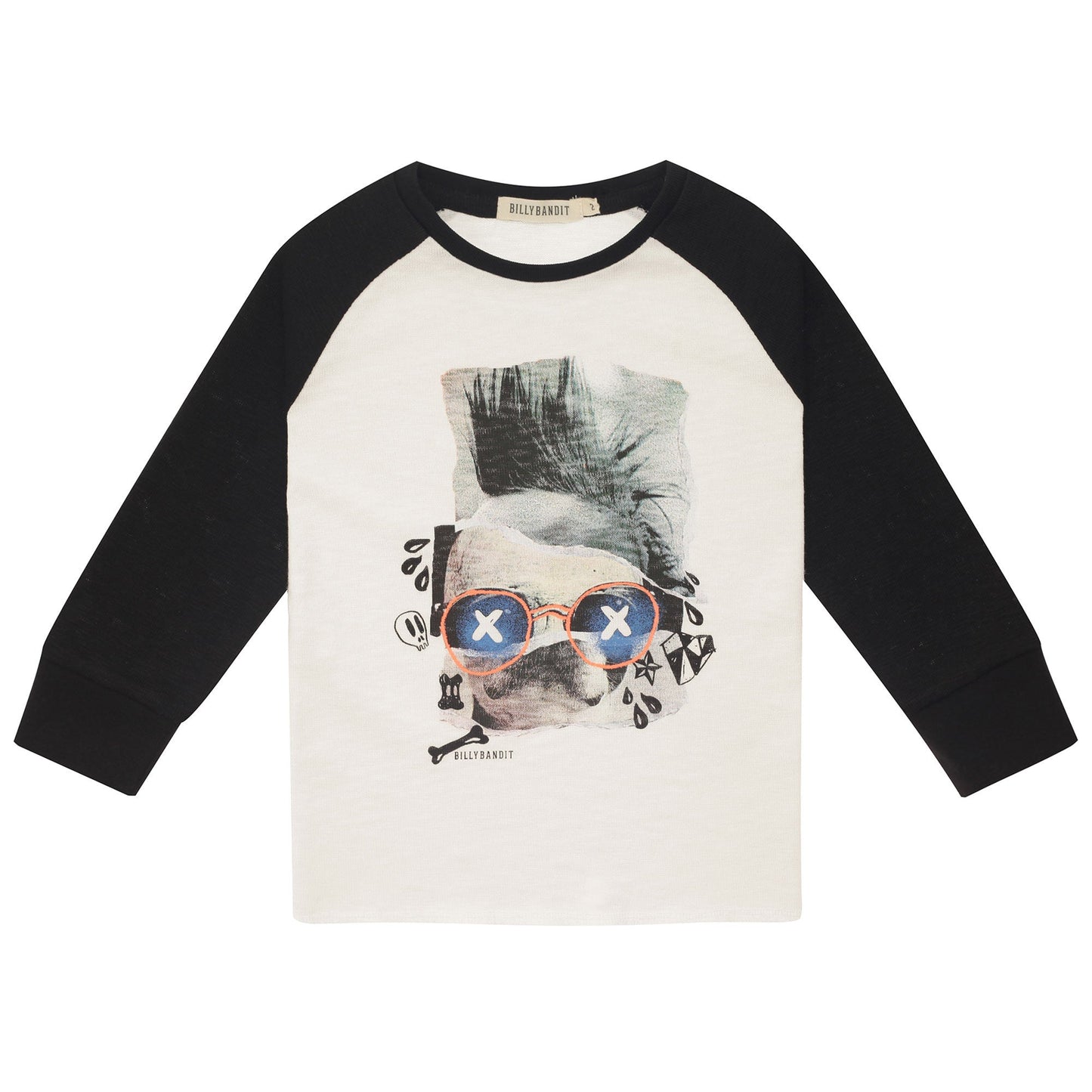 Boys White Fancy Printed Trims T-Shirt With Black Cuffs