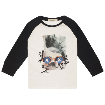 Boys White Fancy Printed Trims T-Shirt With Black Cuffs