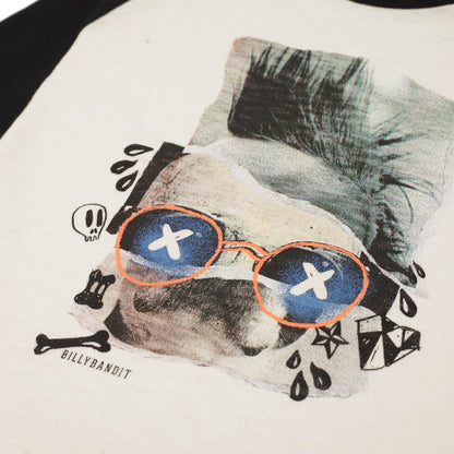 Boys White Fancy Printed Trims T-Shirt With Black Cuffs