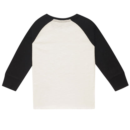 Boys White Fancy Printed Trims T-Shirt With Black Cuffs