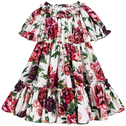 Girls White Rose Printed Cotton Short Sleeves Dress