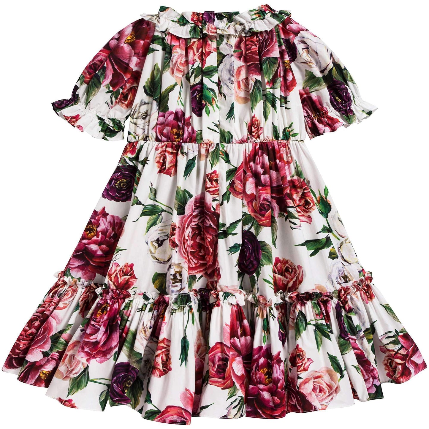 Girls White Rose Printed Cotton Short Sleeves Dress