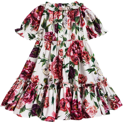 Girls White Rose Printed Cotton Short Sleeves Dress