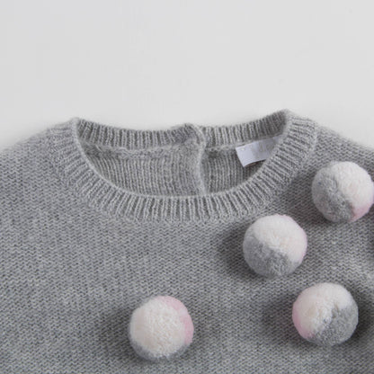 Baby Girls Grey With Pom-Pom Wool Dress