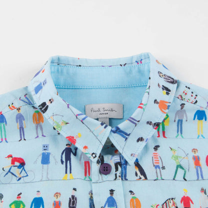 Boys Light Blue Printed Cotton Shirt
