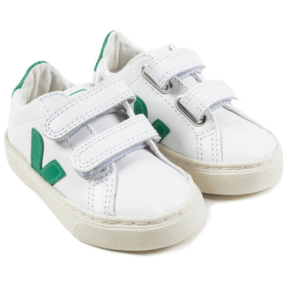 Baby  White   Leather Velcro   With  Green  "V" Shoes