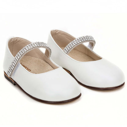 Baby Girls Ivory Leather Shoes With White Diamond Trims