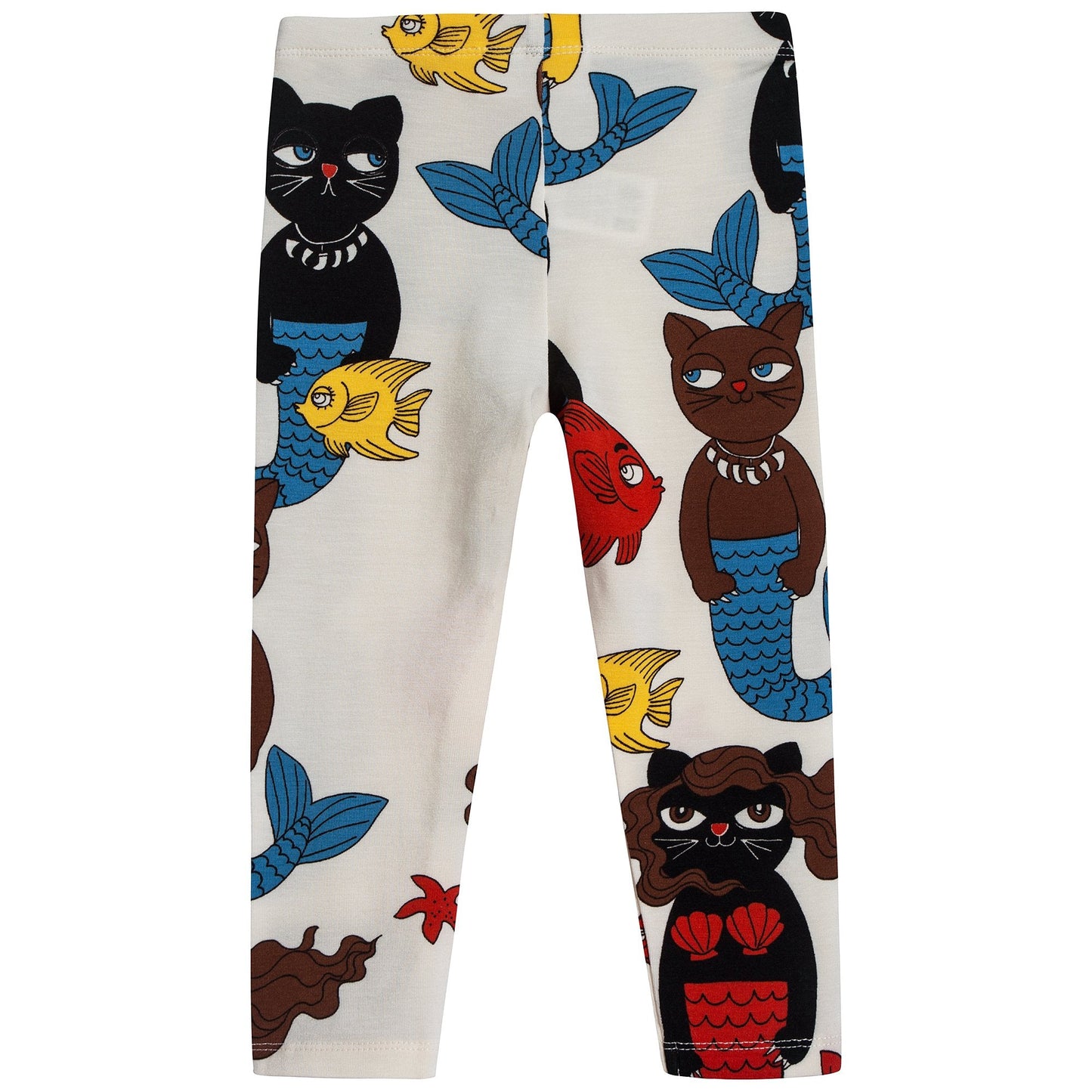 Girls Off White Cotton Cat Mermaid Leggings