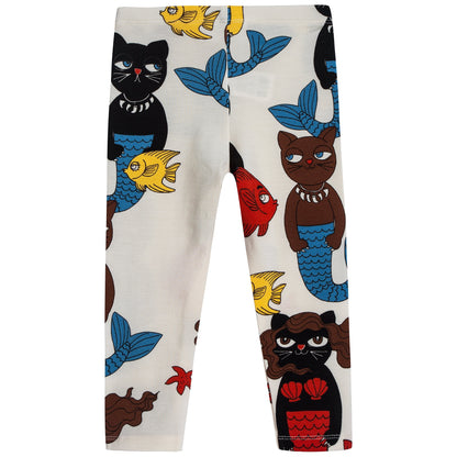 Girls Off White Cotton Cat Mermaid Leggings