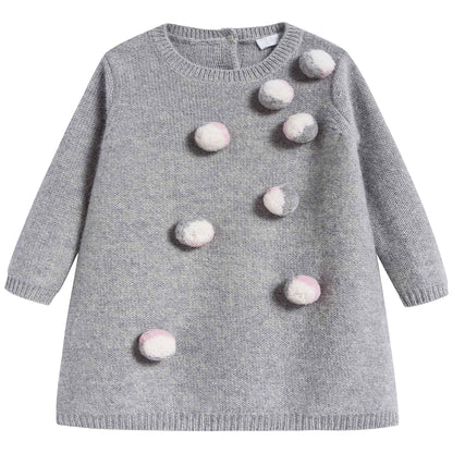 Baby Girls Grey With Pom-Pom Wool Dress