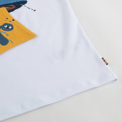 Boys White Fancy Mushroom Printed Trims Cotton T-Shirt