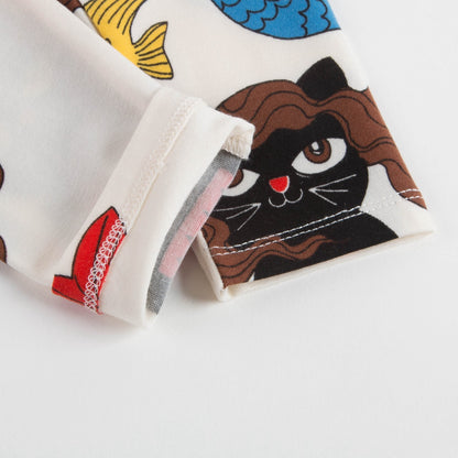 Girls Off White Cotton Cat Mermaid Leggings