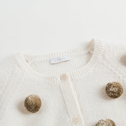 Girls Milk With Gold Pom-Pom Wool  Cardigan