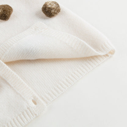 Girls Milk With Gold Pom-Pom Wool  Cardigan