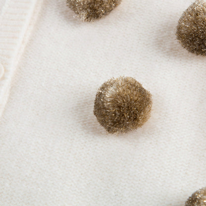 Girls Milk With Gold Pom-Pom Wool  Cardigan