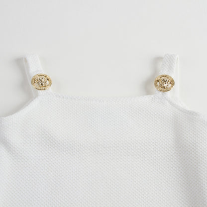 Girls White Cotton Dress With Gold Rhinestone Trims