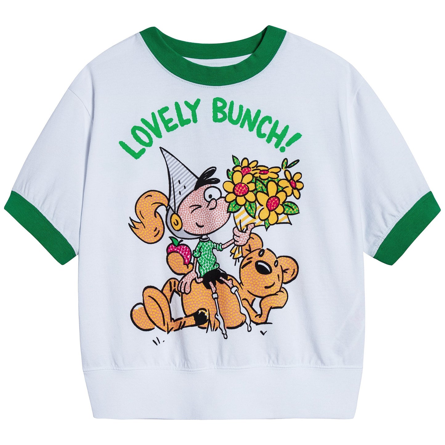 Girls White & Green Cotton T-shirt