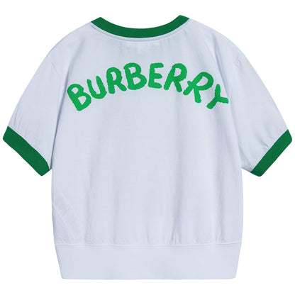Girls White & Green Cotton T-shirt