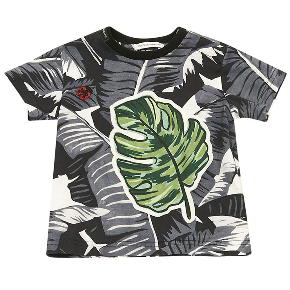 Baby Boys Black Cotton T-Shirt With Leaf Print Trims