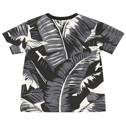 Baby Boys Black Cotton T-Shirt With Leaf Print Trims