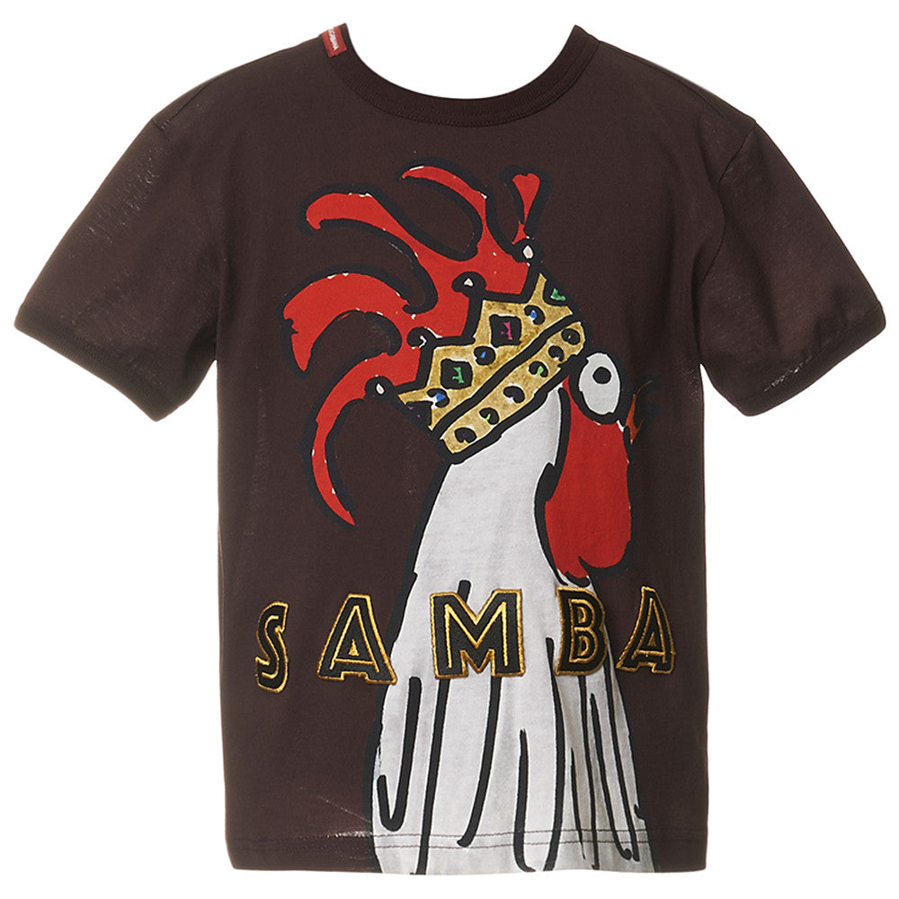 Boys Brown Rooster Printed Trims Cotton T-Shirt