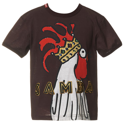 Boys Brown Rooster Printed Trims Cotton T-Shirt