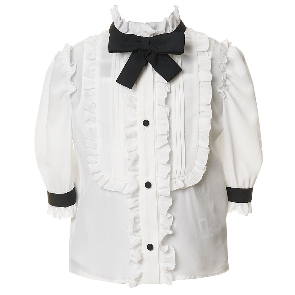 Girls White Bow Trims Folding Edge Blouse
