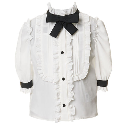 Girls White Bow Trims Folding Edge Blouse