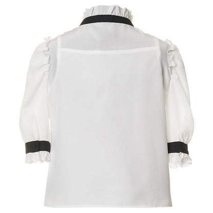 Girls White Bow Trims Folding Edge Blouse