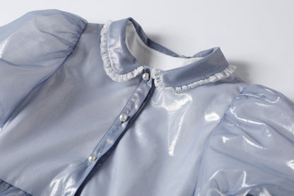 女童蓝色泡泡袖公主礼服裙