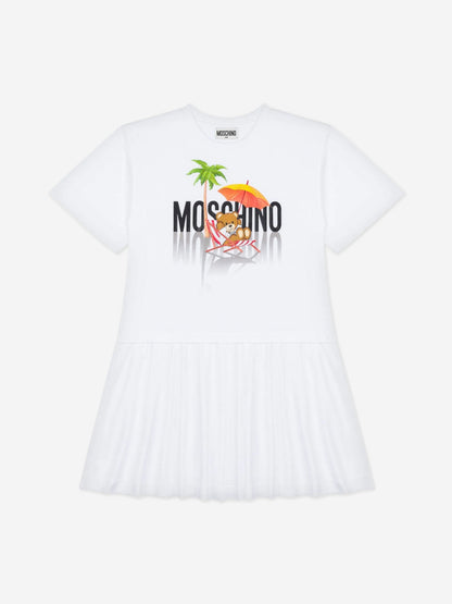 Girls Teddy Bear Logo Dress in White