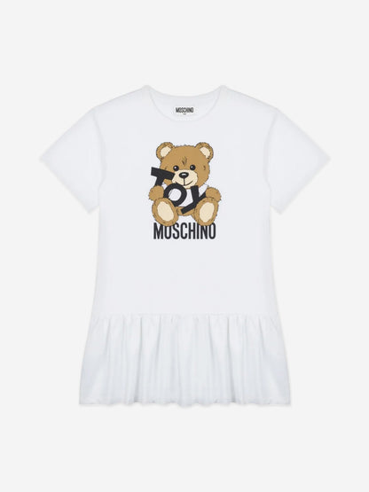 Girls Teddy Bear Logo Dress in White