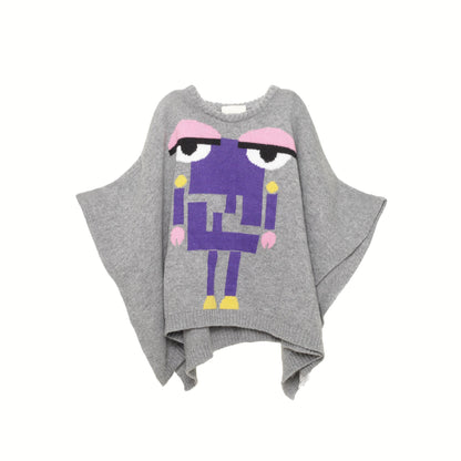 Girls Grey Fancy Pattern Trims Knitted Cape